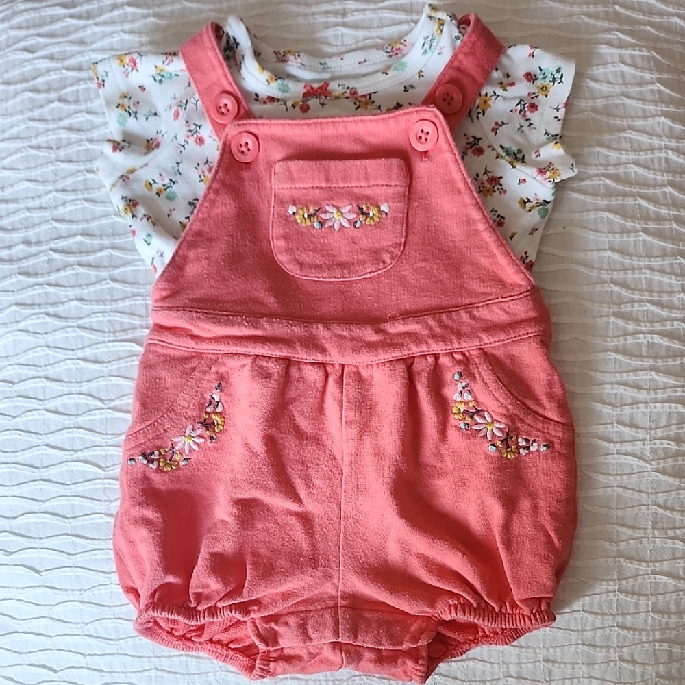 Carter's Set Pink Floral Embroidered Overalls And matching floral t shirt